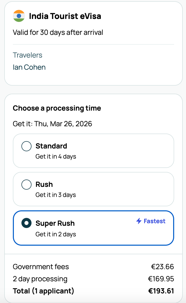 India eVisa checkout page showing Super Rush processing selected: government fees €23.66, 2-day processing €169.95, total €193.61